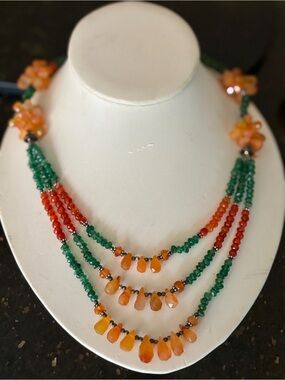 Artisan Made Carnelian, Emerald, 925 Silver Triple Strand Women's Necklace